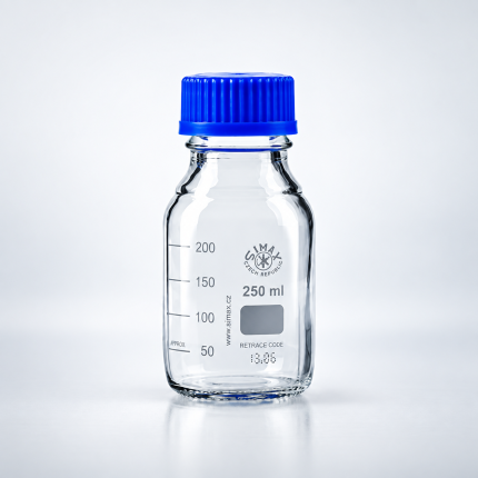 Simax GL45 Laboratory Bottle with Blue Cap, 250 mL — supplier product photograph