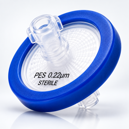 Sterile syringe filter, 33 mm diameter, 0.22 µm PES membrane — product image